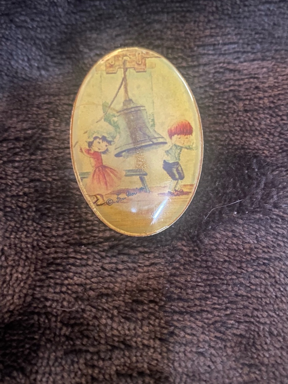 Vintage Oval Bell Scene Pin - Yellow and Gold Tones